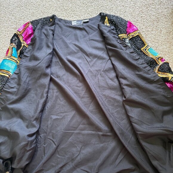 Vintage Carina 1980s Sequin Beaded Jacket | L | Black Silk Statement Blazer - Picture 9 of 13